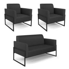 Sofá Namoradeira com 2 Poltronas Base Industrial Alta Preto Marisa mat