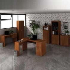 Conjunto Home Office 2 Escrivaninhas, 2 Armários, 1 Balcão e 1 Estante Tecno Mobili Amendoa