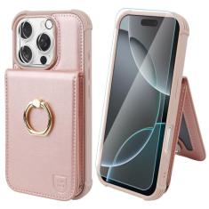 VANAVAGY Capa carteira para iPhone 16 Pro Max com suporte para cartão de crédito e bolso para moedas [suporte de anel de rotação de 360°], capa de telefone flip com fecho magnético de couro para