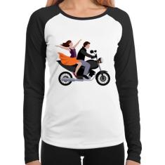 Baby Look Raglan Moto Casal Manga Longa - Foca na Moda, Branco, Preto,