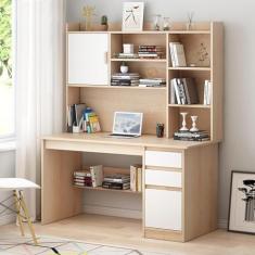 Mesa de madeira para computador com estante e cabana, grande mesa de escritório doméstico com gaveta e prateleira de armazenamento, mesa moderna para laptop, mesa de trabalho com economia de espaço