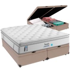 Cama Box Baú Bege e Colchão Confort Gel Molas Ensacadas com Pillow Top Queen Sealy