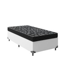 Cama Box Solteiro 88 Tecido Sintético Branco com Colchão Espuma D20 - Tampo Preto 12cm