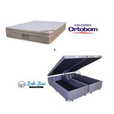 Cama Box Baú Queen 158 Suede Cinza com Colchão Ortobom Airtech Spring Pocket D26 Bege