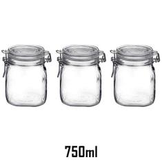 3 Potes de vidro 750ml Fido Rocco Bormioli hermético transparente com tampa para armazenamento de alimentos