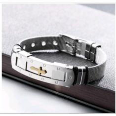 Pulseira Masculina Bracelete Aço Cruz Dourada Trabalhada