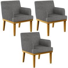 Kit 03 Poltronas Decorativas Para Sala de Estar Beatriz W01 Linho Cinza Escuro - Lyam Decor