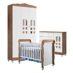 Quarto de Bebê New Selena 3 Portas com Cômoda Selena e Berço Mirelle Branco Acetinado Amadeirado – Carolina Móveis