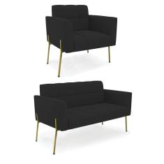 Sofá Namoradeira E Poltrona Base Pé De Ferro Dourado Elisa Veludo D03 - D'rossi Cor Preto