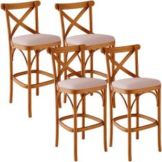 Kit 04 Banquetas Altas Cozinha Bancada Bar Sala de Jantar Estofada Ávila L02 Linho Rosê - Lyam