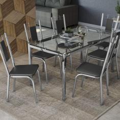 Conjunto Sala de Jantar Mesa Tampo de Vidro Reno e 6 Cadeiras Florença Crome Kappesberg Cromado/Preto