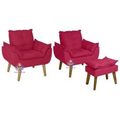 Kit 02 Poltrona/Cadeira Decorativa E Puff Glamour Vermelho Com Pés Qua