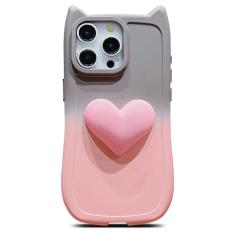 LYQZDT Capa para iPhone 15 Pro Max de 6,7 polegadas para mulheres fofa 3D amor coração kawaii gato orelha gradiente cor silicone macio à prova de choque protetor arco borda bumper capa de telefone