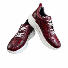 Authentic Exotic Crocodile Skin Tênis masculino couro de jacaré genuíno pintado à mão cor vermelho clarete cadarço masculino casual sapatilha, Vinho tinto, 38