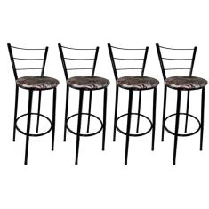 Kit 4 Banquetas Altas Preta com Encosto Assento Floral Marrom