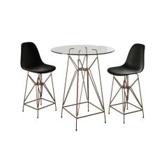 Jogo Mesa Bistrô Eames Vidro 60Cm 2 Banquetas Preta Base Ferro Cobre -