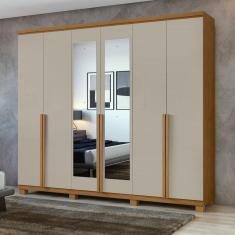 Guarda-roupa 6 Portas 4 Gavetas 100% Mdf Alonzo com Espelho e com Pés Amêndoa Clean/Off White