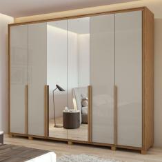 Guarda-roupa 6 Portas 6 Gavetas 100% Mdf Imperatore com Espelho e com Pés Amêndoa Clean/Off White