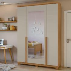 Guarda-Roupa 4 Portas 2 Gavetas 100% MDF Alonzo com espelho e com Pés Amêndoa Clean/Off White