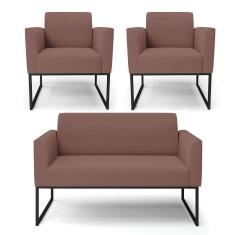 Sofá Namoradeira Com 2 Poltronas Base Industrial Preto Marisa Veludo D03 - D\`rossi Cor Rose