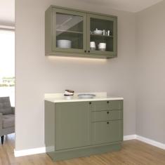 Cozinha Compacta com Vidro 2 Peças 3 Portas 3 Gavetas Sevilha Verde Hill/Cinza Argila