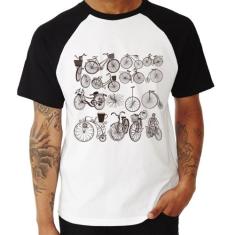 Camiseta Raglan Bicicletas antigas - Foca na Moda, Branco, Preto, M