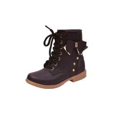 Bota Coturno Infantil Menina Cadarço e Laço Strass Preto - Raniel Calç