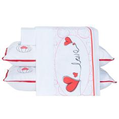 Jogo de Cama Lençol Coração Love Branco CASAL PADRÃO 04 Peças - Percal 200 Fios