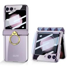 Capa de celular Furwabo para Samsung Galaxy Z Flip 5, Transparente, Galvanizada, Antichoque, Proteção para dobradiça magnética, Suporte de dedo, Película externa, roxo