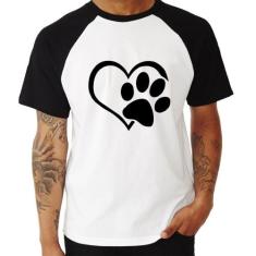 Camiseta Raglan Coração Patinha - Foca na Moda, Branco, Preto, M