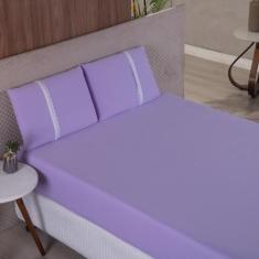 Jogo Lençol Queen Liso Elástico Malha 100% Algodão - Meta Mark, Lilas