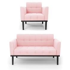 Sofá Namoradeira E Poltrona Base De Madeira Preto Elisa Suede Rosa Beb