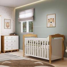 Quarto de Bebê com Berço Americano e Cômoda 1 Porta Nina Espresso Móveis Branco Brilho/Amêndoa