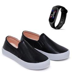 Kit Tênis Casual Feminino Macio Legítimo Slip On Iate + Relógio Touch 