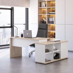 Mesa Para Escritório Diretor Em L 3 Gavetas Rolig Branco- Carvalho Berlin