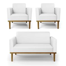 Sofá Namoradeira Com 2 Poltronas Base De Madeira Fixa Castanho Marisa Corino D03 - D?rossi Cor Branco