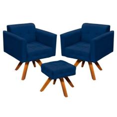 Kit 02 Poltronas Giratória Elisa e 01 Puff Suede Base Madeira MM30 D'R