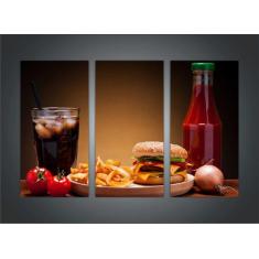 Quadro Decorativo Hambúrguer Lanches Gourmet Com 3 peças Com Moldura -