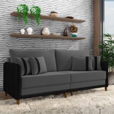 Sofá Living Montecarlo 3 Lugares Bipartido 232cm Pés Em Madeira Veludo-pu Grafite-preto G33 Gran Belo