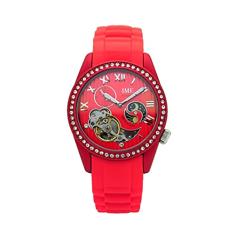 IME Relógio de pulso automático feminino com mostrador de números romanos de pedra tcheca com pulseira de silicone, Vermelho, Charmoso, elegante