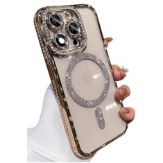 Kwhapoo Capa magnética brilhante de luxo compatível com iPhone 15 Pro Max de 6,7 polegadas, lindo diamante de strass transparente macio compatível com capas de proteção de lente de câmera MagSafe para