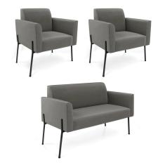 Sofá Namoradeira e 2 Poltronas Pé de Ferro Preto Marisa Suede Grafite D03 - D`Rossi