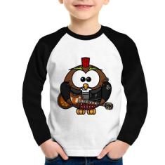 Camiseta Raglan Infantil Coruja Rock Guitarra Manga Longa - Foca na Mo