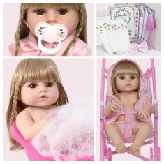 Boneca Estilo Reborn Linda Saída de Banho Carrinho Passeio - Cegonha R