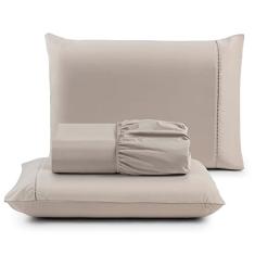 Jogo de Cama Casal Percal 400 Fios Ponto Palito 03 Peças, Antiácaro, Anti-pilling com Toque Macio - Bege