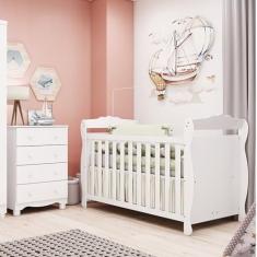 Quarto de Bebê com Cômoda 4 Gavetase Berço Americano Nina 100% Mdf Espresso Móveis Branco Brilho