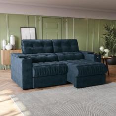 Sofá 230 cm com Porta Copos Retrátil e Reclinável Premier Azul Marinho