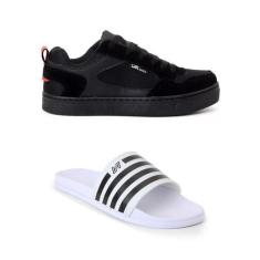 Kit Tênis Preto Camurça Skatista Chinelo Sandália Slide Unissex - DK s