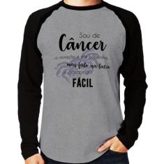 Camiseta Raglan Sou de Câncer Manga Longa - Foca na Moda, Cinza, Preto