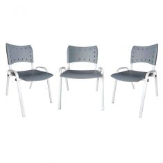 Kit 3 Cadeiras Iso Para Escola Escritório Comércio Cinza Base Branca